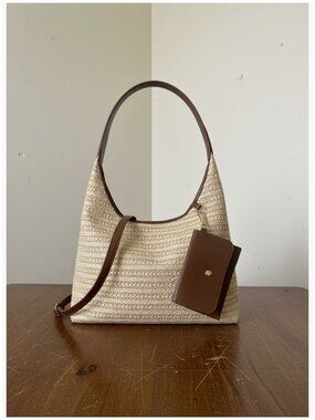 Large Straw Hobo Bag with Leather Trim, Raffia Shoulder Tote